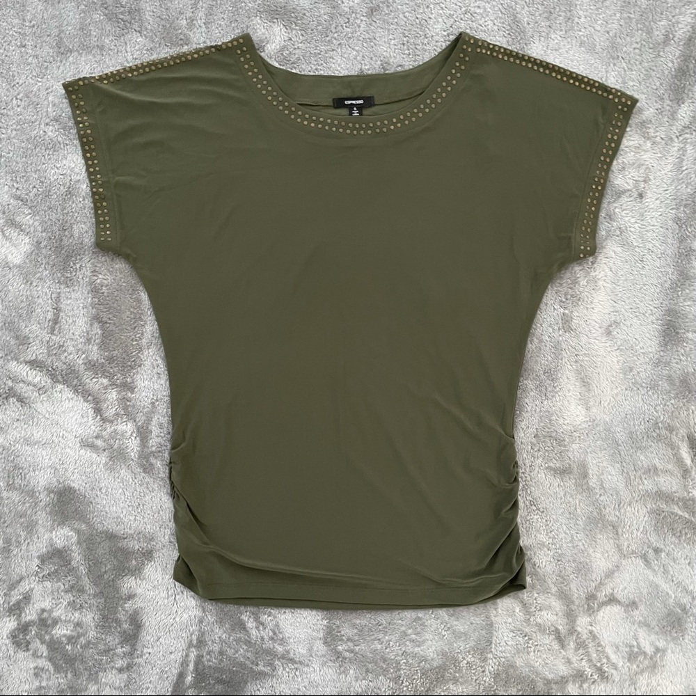 Espresso Olive Green Studded Crew Neck Cap Sleeve Top Size Small Ruched